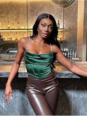 Bear Dance Emerald Satin Corset Cami with Chain Straps